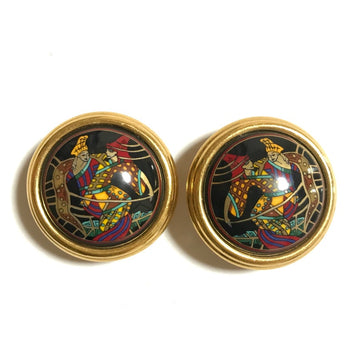 HERMES Vintage round shape cloisonne enamel golden earrings with black, yellow, and red dancing couple design