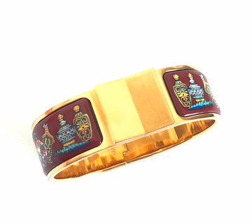 HERMES Vintage cloisonne enamel golden click and clack Flacon bangle with wine red and colorful perfume bottle design