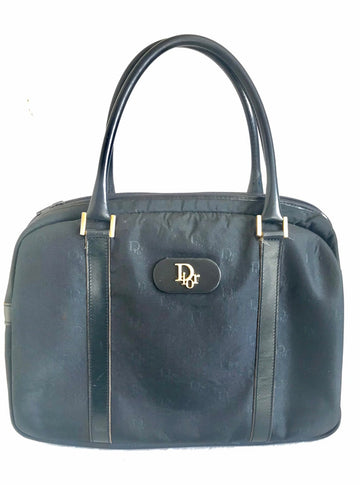 CHRISTIAN DIOR Vintage navy handbag with logo jacquard nylon and leather trimmings