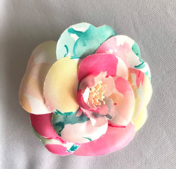 CHANEL Vintage colorful, watercolor print silk camellia flower brooch pin