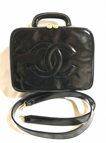 CHANEL Vintage patent enamel vanity bag, lunchbox shape shoulder bag with large CC stitch motif