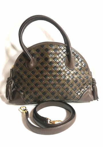 BOTTEGA VENETA Vintage brown, khaki, and black leather intrecciato bolide style handbag with tassel charms