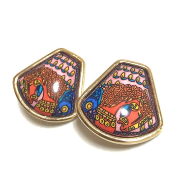 HERMES Vintage cloisonne enamel golden earrings with horse decorated in pink, blue, yellow