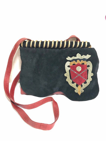 Vintage Carlos Falchi black and red leather book design messenger shoulder bag with emblem embroidery.