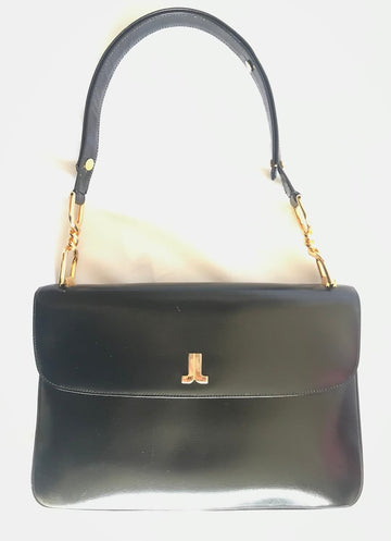 LANVIN Vintage black leather shoulder bag with logo motif