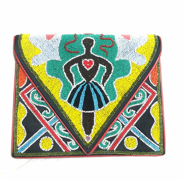 Vintage Renaud Pellegrino colorful and ethnic design beaded clutch bag, shoulder bag. One of a kind handmade masterpiece. Made in France.