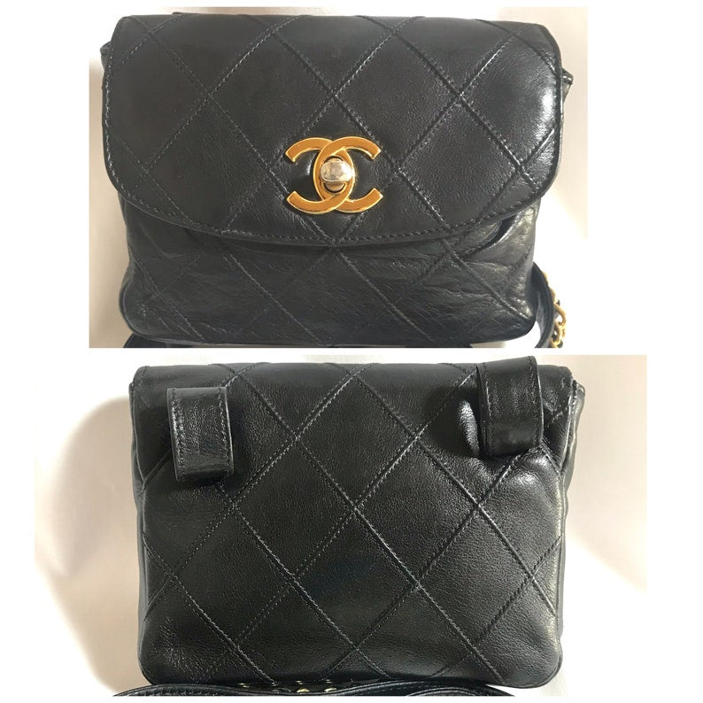 CHANEL Vintage black leather waist purse, fanny pack with golden chain