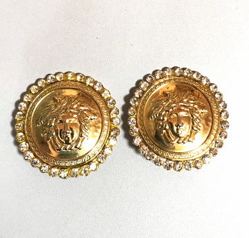 GIANNI VERSACE Vintage large round gold tone medusa face earrings with crystal glasses