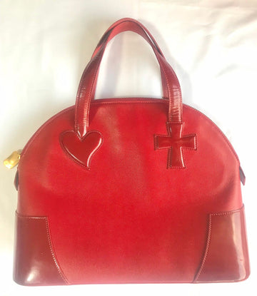 CHRISTIAN LACROIX Vintage red patent enamel and leather bolide bag with golden logo zipper charm