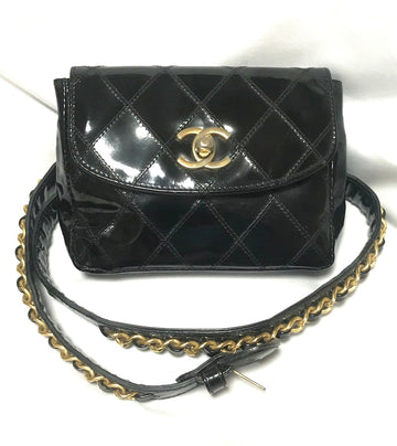 CHANEL Vintage black patent enamel leather belt bag, fanny pack with matching belt