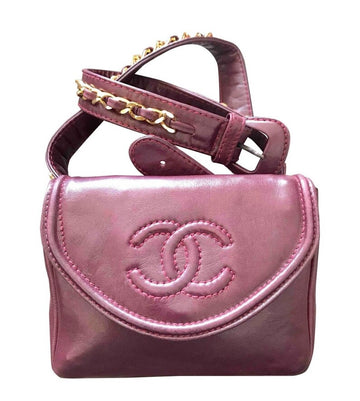 CHANEL Vintage wine fanny pack, leather belt bag with detachable chain belt and CC stitch mark on flap