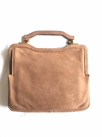LANVIN Vintage brown suede leather handbag with kiss lock closure