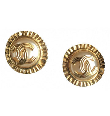 CHANEL Vintage golden round earrings with sun and CC mark motif faux pearl