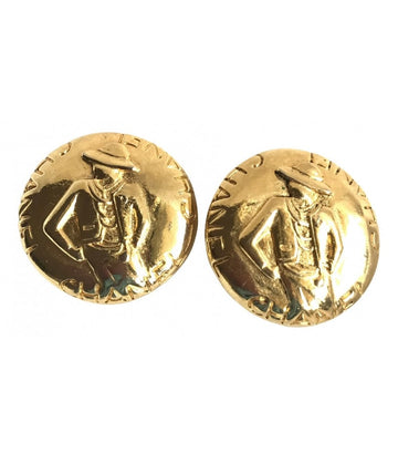 CHANEL Vintage gold tone round earrings with mademoiselle figure