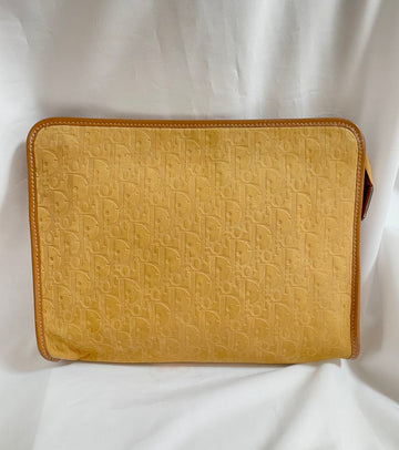 CHRISTIAN DIOR Vintage Bagages camel brown suede leather clutch purse, pouch with embossed Dior logo allover