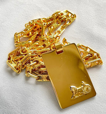 CELINE Vintage golden long necklace with blaison macadam charms and square plate with embossed logo and carriage