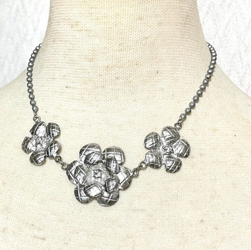 CHANEL Vintage silver matelasse camellia, rose flower charm necklace