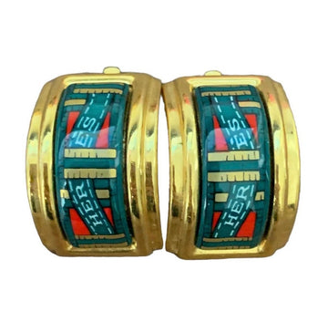 HERMES Vintage cloisonne golden earrings with green and red