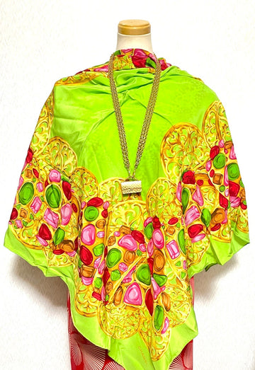 CHANEL Vintage lime green scarf with gold, red, pink, green, colorful gripoix jewelry print