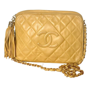 CHANEL Vintage yellow lambskin camera bag style chain shoulder bag with fringe and CC stitch mark