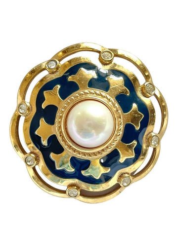 BURBERRY Vintage faux pearl, crystal stones, and gold and navy tone detailed design brooch