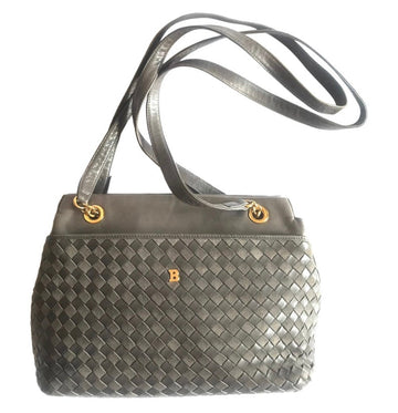 BALLY Vintage grey, taupe smooth and suede leather mix intrecciato bag with gold tone B motif