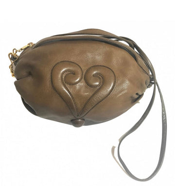 MOSCHINO Vintage soft brown leather drum shape shoulder bag with iconic Question marks