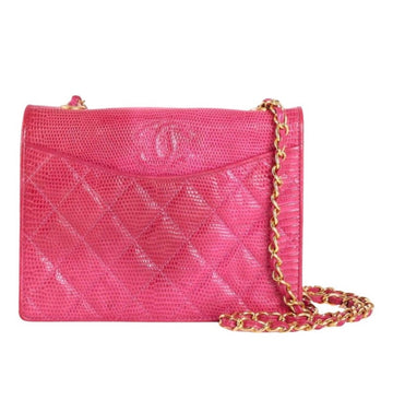 CHANEL Vintage hot pink genuine lizard leather envelop style flap shoulder bag with CC stitch mark and golden chain strap