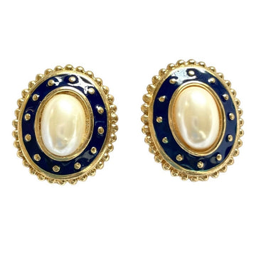 BURBERRY Vintage faux oval pearl and gold and navy tone detailed design earrings