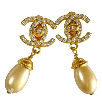 CHANEL Vintage teardrop turn-lock crystal CC and dangle pearl earrings
