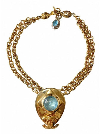 CHANEL Vintage statement necklace with gripoix blue stone and CC mark top