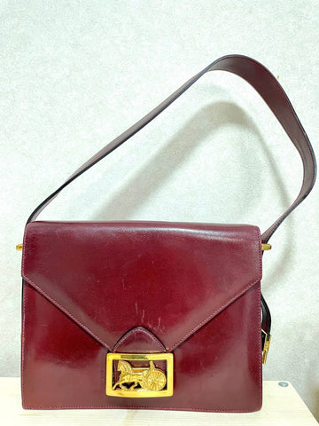 CELINE Vintage wine red shoulder bag with clutch purse with golden carriage logo