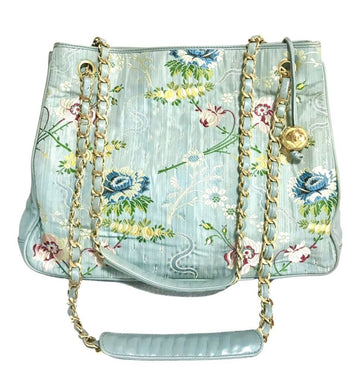 CHANEL Vintage Japanese kimono design jacquard fabric and blue leathers shoulder bag with golden CC charm