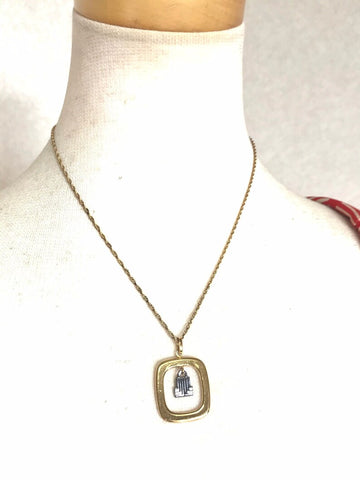 LANVIN Vintage golden skinny chain necklace with square and silver logo charm pendant top