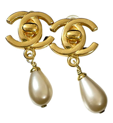 CHANEL Vintage teardrop faux pearl and turn-lock CC dangle earrings