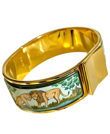 HERMES Vintage cloisonne enamel golden click and clack Flacon bangle with lion couple design