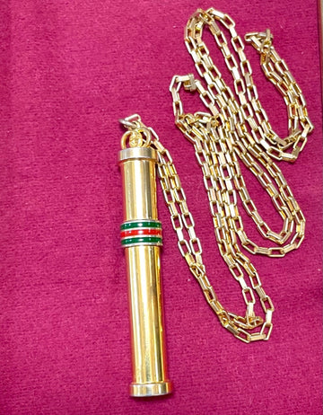 GUCCI Vintage golden stick perfume bottle necklace with webbing, green and red color