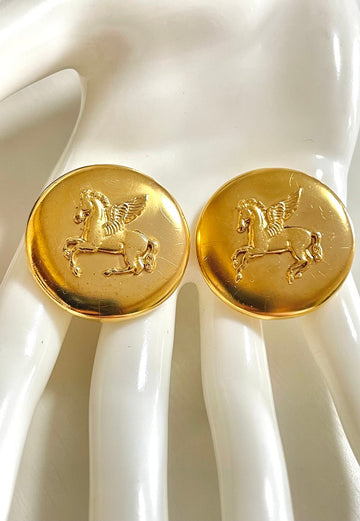 HERMES Vintage gold tone round earrings with Pegasus