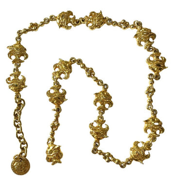 GIANNI VERSACE Vintage golden chain necklace with fish and Medusa charms and yellow crystals