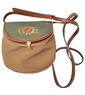 BOTTEGA VENETA Vintage brown and khaki fisherman style shoulder bag with gold embroidery and red motif