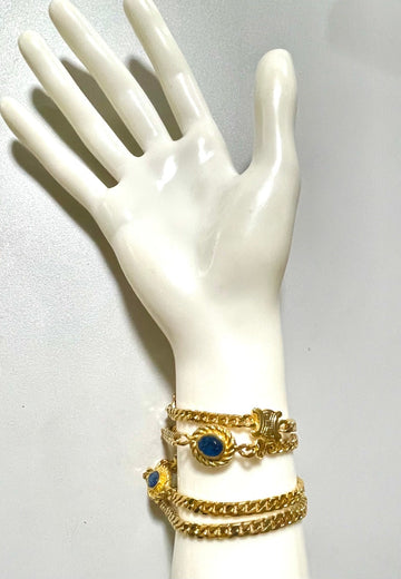 CELINE Vintage gold chain long necklace with triomphe charms and blue stones