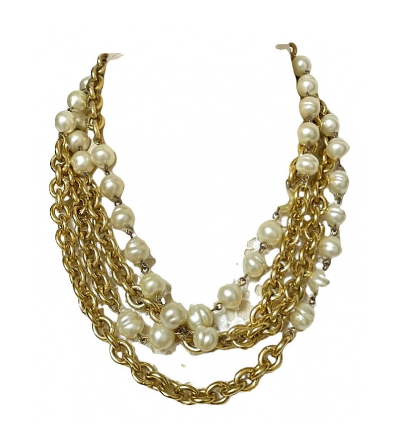 Chanel Vintage Double Chain Necklace With Round Faux Pearls