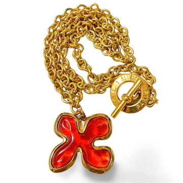 CELINE Vintage thick gold chain long necklace with orange red gripoix flower pendant top