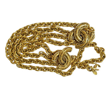 CHANEL Vintage gold chain belt with triple layer chains and two large matelasse CC mark charms at sides