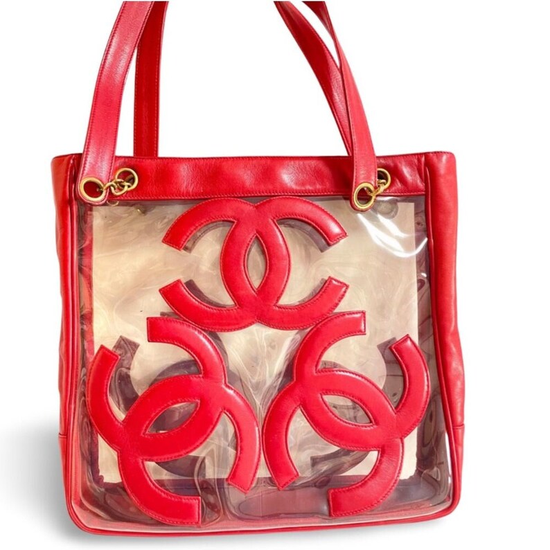 Chanel Vintage Clear Vinyl And Red Leather Combination Shoulder Purse, Tote With CC Marks And Matching Pouch