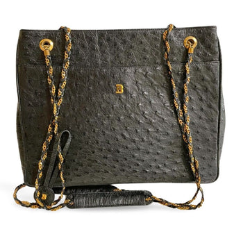 BALLY 80's vintage , genuine black ostrich leather chain shoulder bag with golden logo