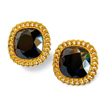 CELINE Vintage black diamond cut glass earrings with golden chain frame