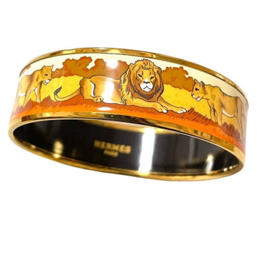 HERMES Vintage cloisonne enamel golden bangle with lion couple design