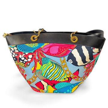 CELINE Vintage canvas and leather combo tote bag with tropical fish prints and golden fish charms