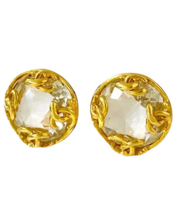 CHANEL Vintage gold tone CC and round pyramid crystal stone earrings